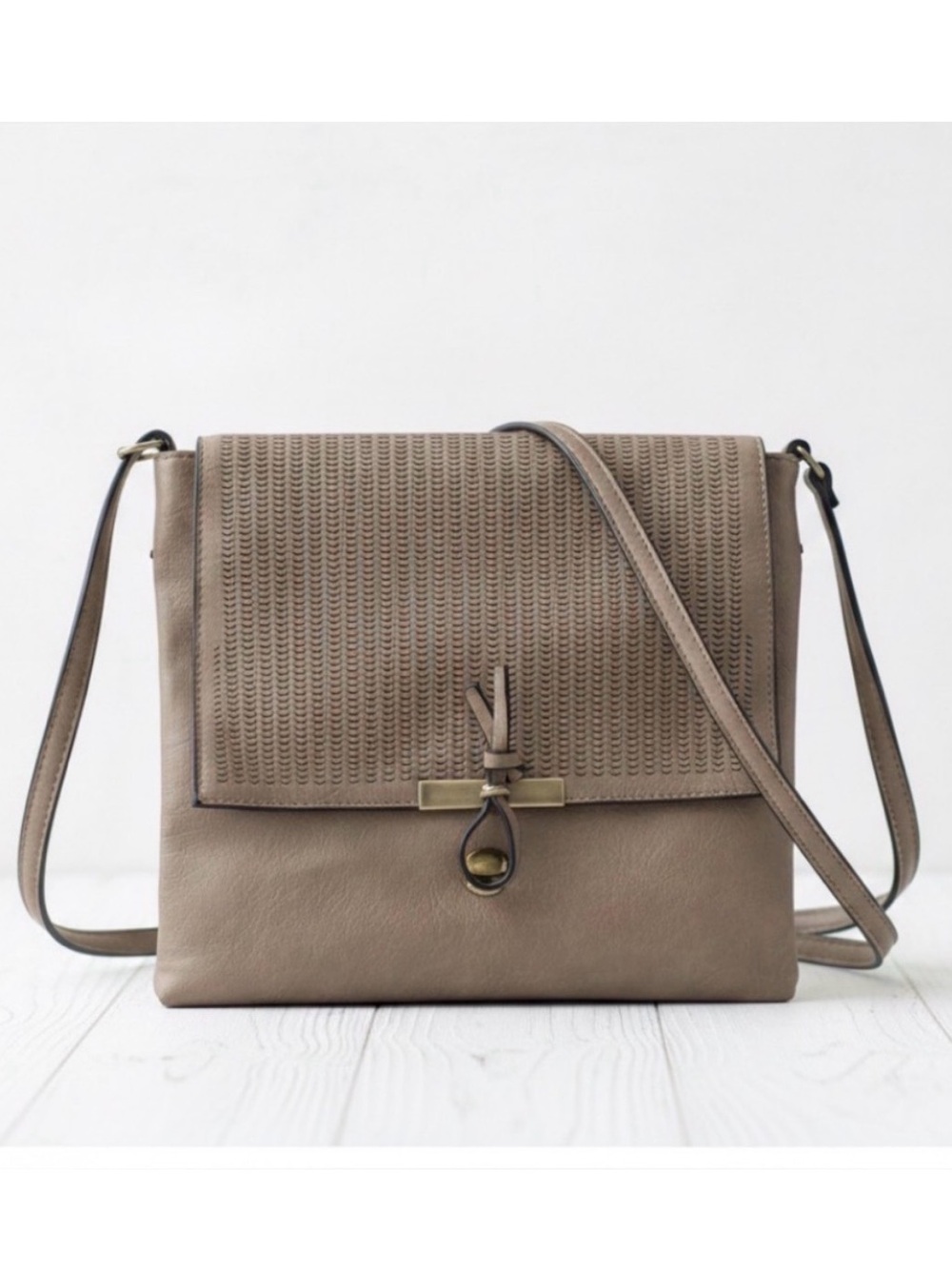 Taupe Perforated Messenger Crossbody Bag Knotted Toggle Vegan Leather Utility